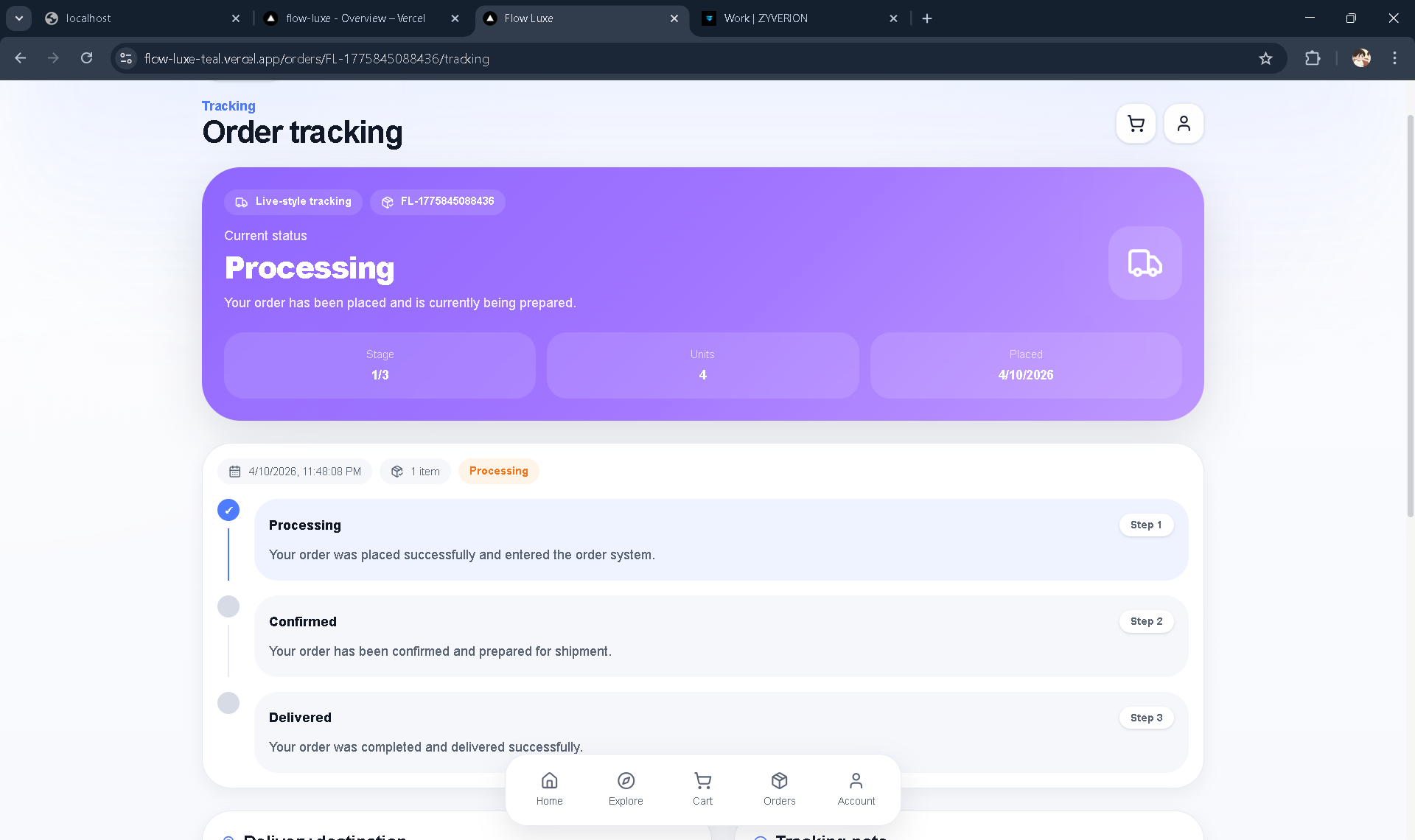 Flow Luxe orders and tracking preview