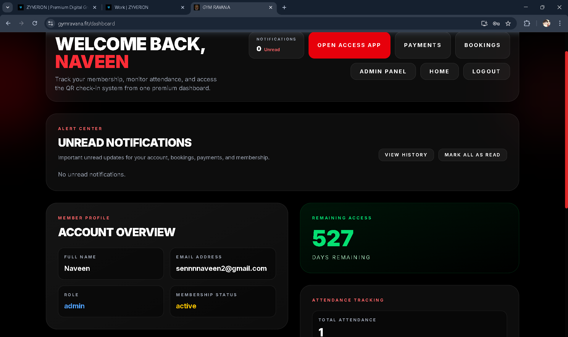 Gym Ravana member dashboard preview