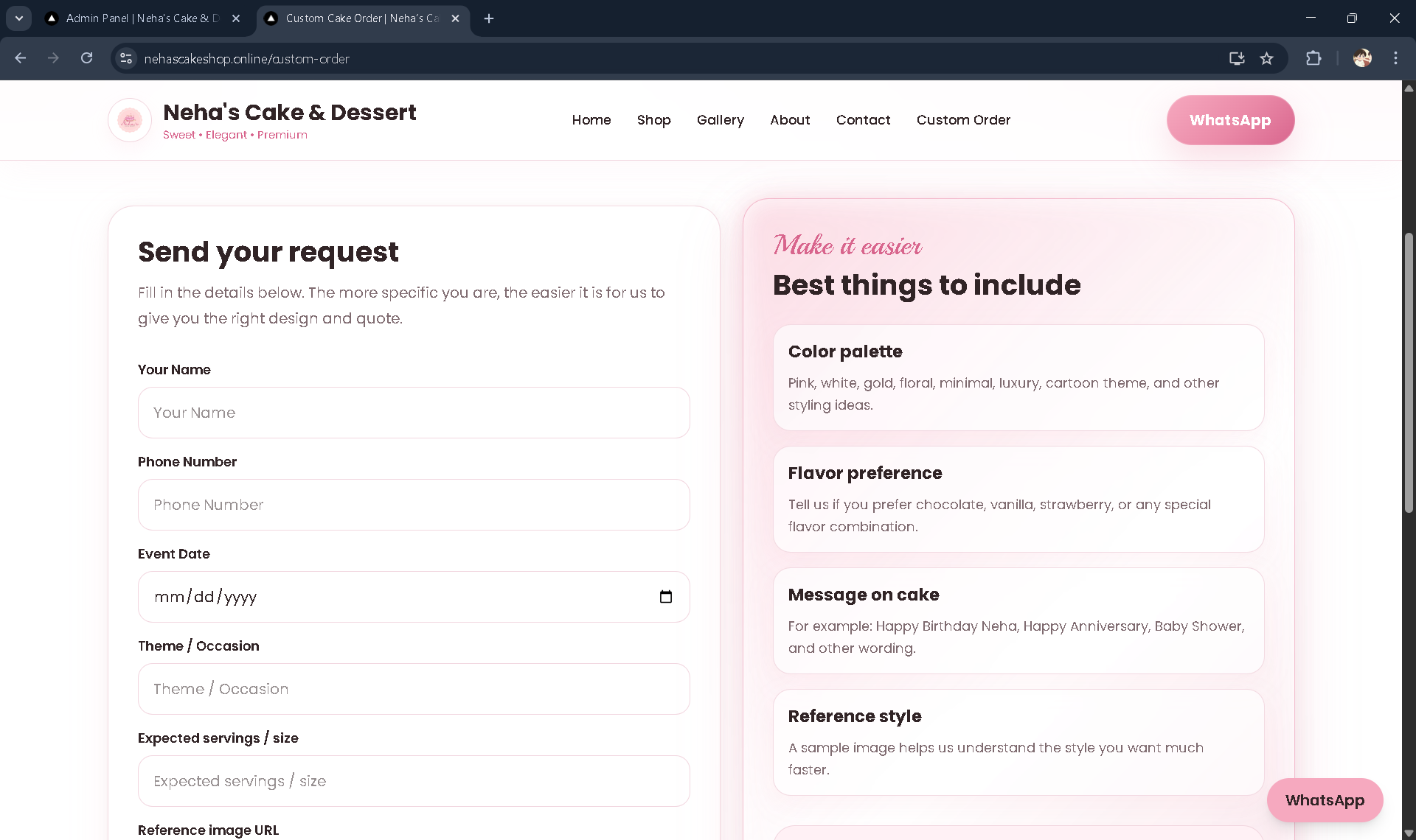 Neha’s Cake custom order preview