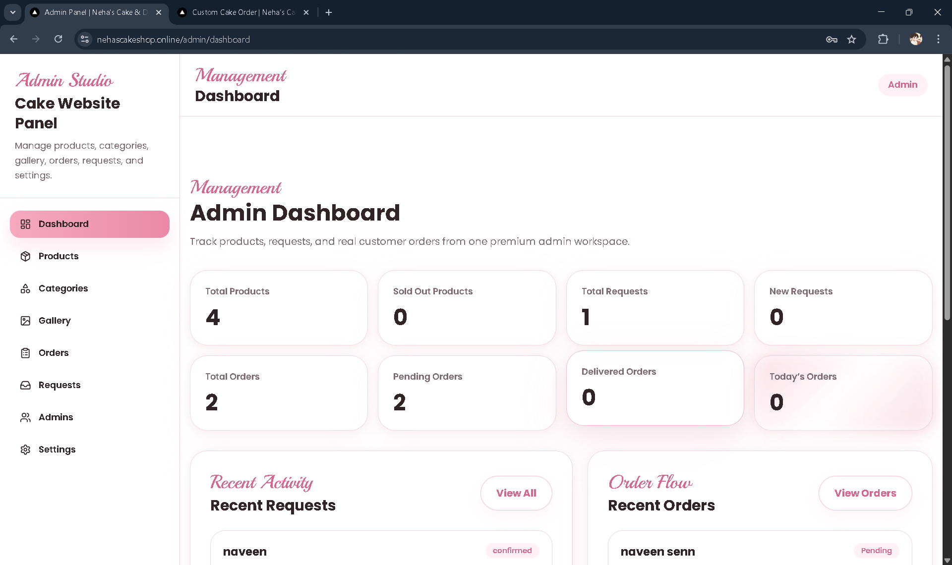 Neha’s Cake admin dashboard preview