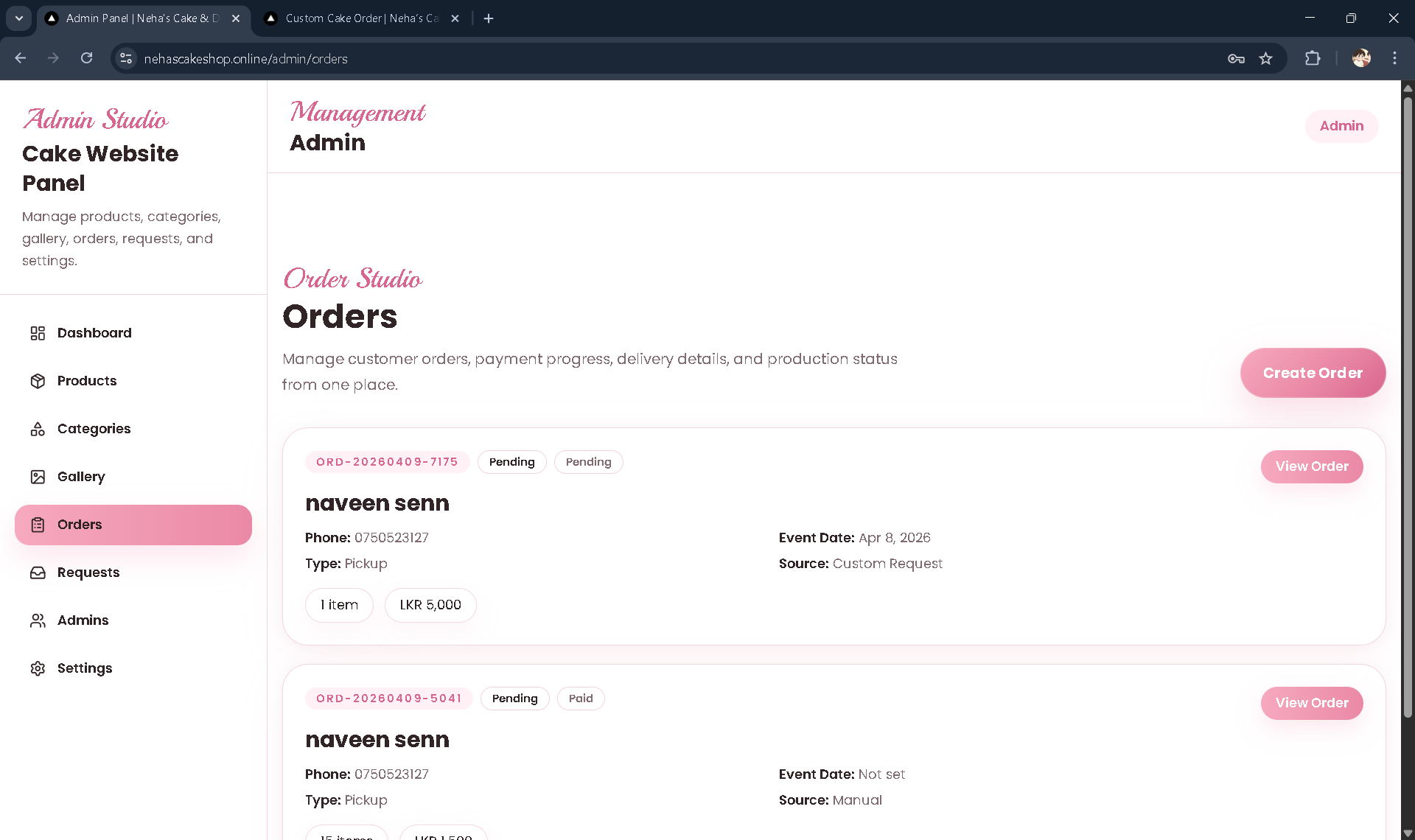 Neha’s Cake orders system preview